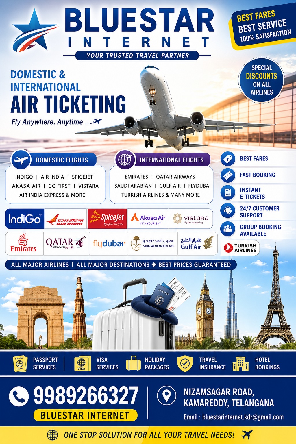 Air Ticketing at Bluestar Internet Kamareddy